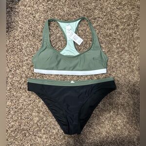 Cupshe Sporty Racerback Bikini Bralette & Bottoms Set Large NWT  Green/black